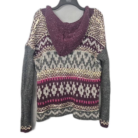Free People Silk Blend Fair Isle Hoodie Chunky Knit Sweater Sz L Grunge - Picture 3 of 7
